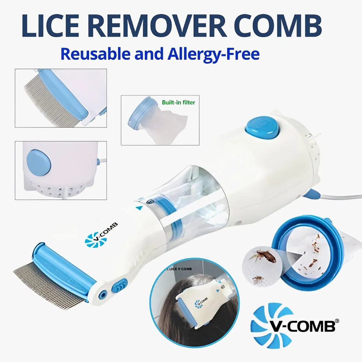 V Comb Electronic Head Lice Removal Device with 4 Filters