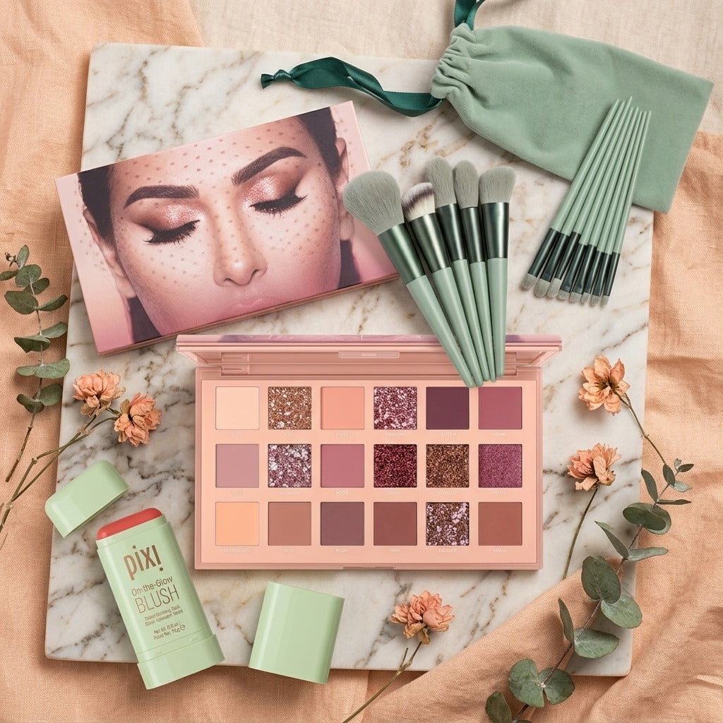 3-in-1 Makeup Combo – Blush Stick + 18-Shade Palette + 13 Brushes